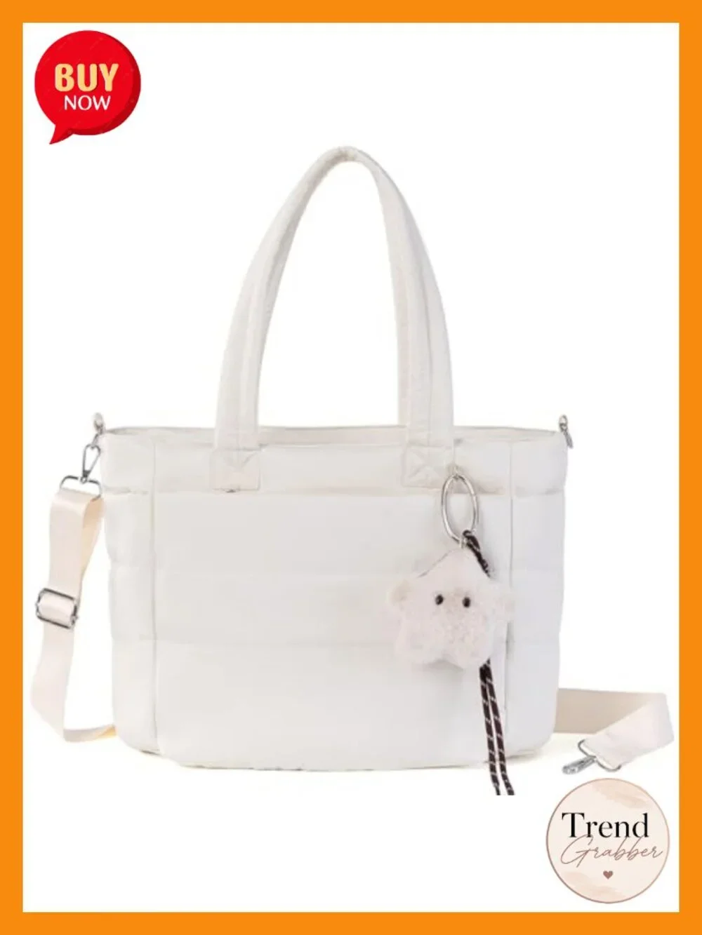 Lightweight Quilted Puffer Tote with Star Charm, Nylon, Crossbody/Shoulder,